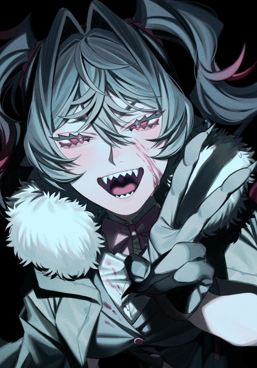 1girl black_background black_vest blood blood_on_clothes blood_on_face bow bowtie collared_shirt colored_tips fangs fingernails fur-trimmed_jacket fur_collar fur_trim gloves grey_gloves grey_hair grey_jacket grey_shirt hair_intakes half_gloves hand_up jacket jacket_on_shoulders kamonekm looking_at_viewer multicolored_hair open_mouth original pink_bow pink_bowtie pink_eyes pink_hair sharp_fingernails sharp_teeth shirt solo teeth tongue tsurime twintails upper_body vest