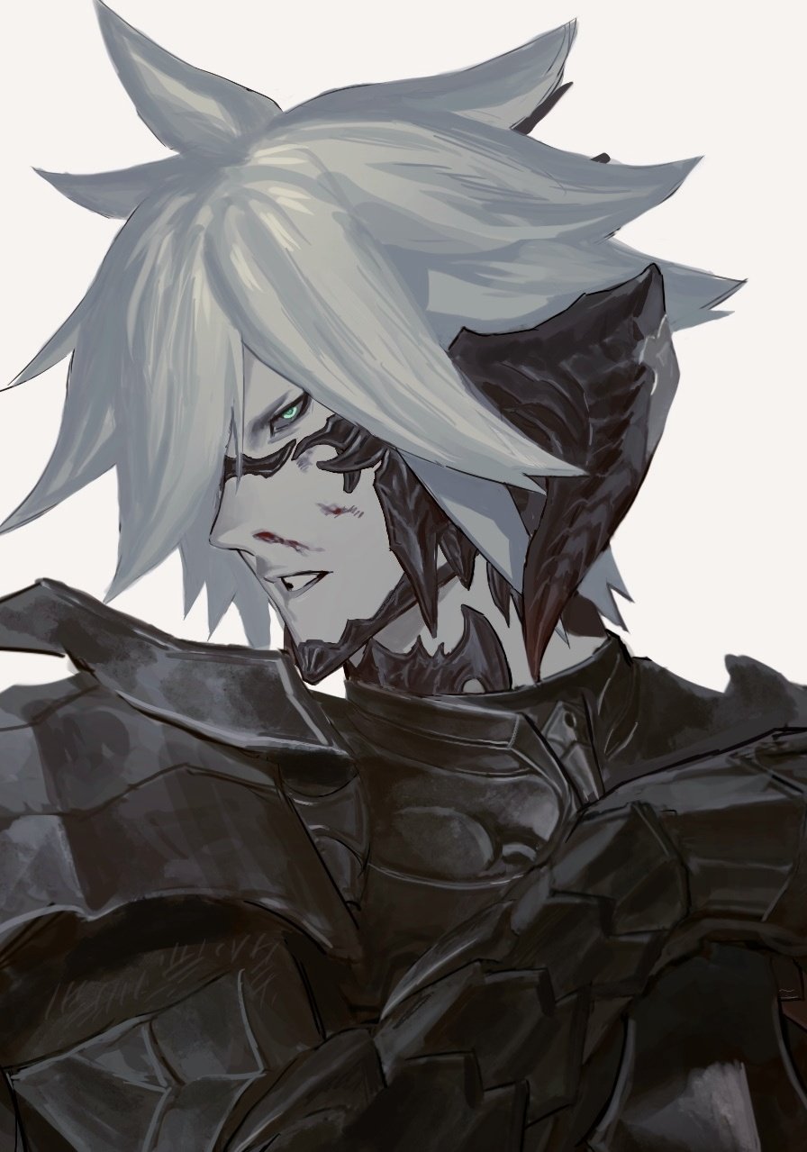 1boy aqua_eyes armor au_ra blood blood_on_face breastplate clenched_teeth colored_sclera cuts dark_knight_(final_fantasy) dragon_horns final_fantasy final_fantasy_xiv gauntlets grey_hair grey_sclera hand_up highres horns injury looking_at_viewer male_focus nosebleed pauldrons portrait scales serious short_hair shoulder_armor sidurgu_orl simple_background solo spiky_hair teeth v-shaped_eyebrows white_background wysswyrst