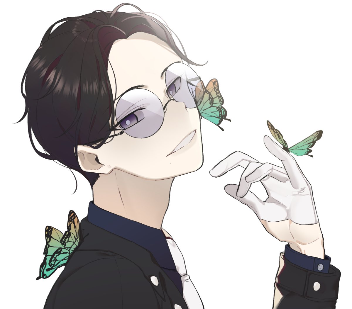 1boy bangs black_hair black_jacket blue_shirt bug butterfly butterfly_on_face butterfly_on_hand collared_shirt comb_over from_side glasses gloves green_butterfly grey_eyes half_gloves hand_up jacket korean_commentary looking_at_viewer looking_to_the_side male_focus mo_surii mole mole_under_mouth necktie original parted_bangs parted_lips portrait round_eyewear shirt short_hair simple_background smile solo tinted_eyewear white_background white_gloves white_necktie