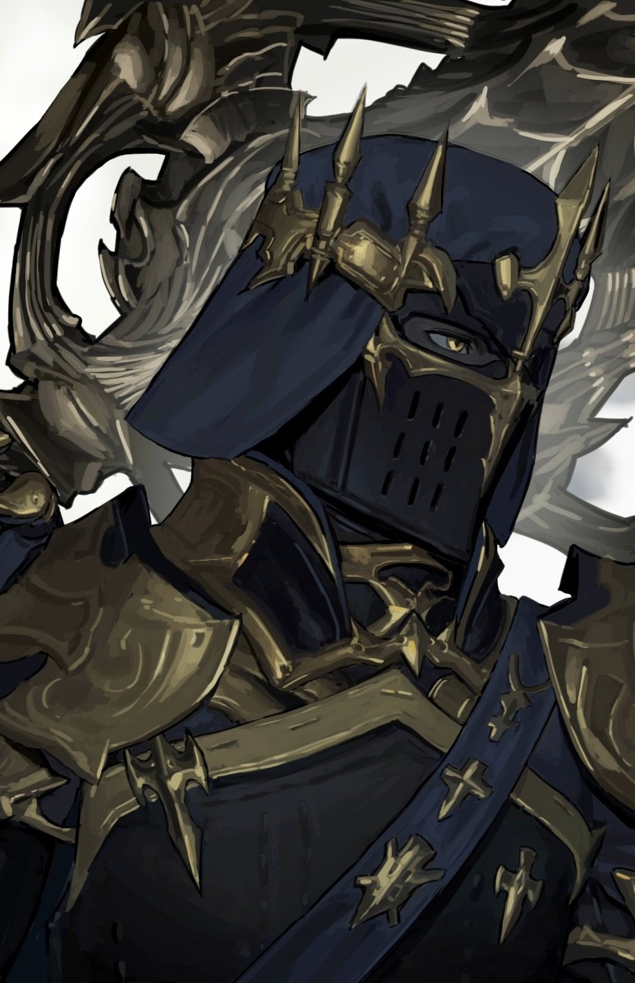 1other ambiguous_gender armor breastplate covered_mouth dark_knight_(final_fantasy) final_fantasy final_fantasy_xiv fray_myste full_armor helm helmet highres looking_to_the_side pauldrons portrait shoulder_armor shoulder_belt simple_background solo weapon weapon_on_back white_background wysswyrst yellow_eyes