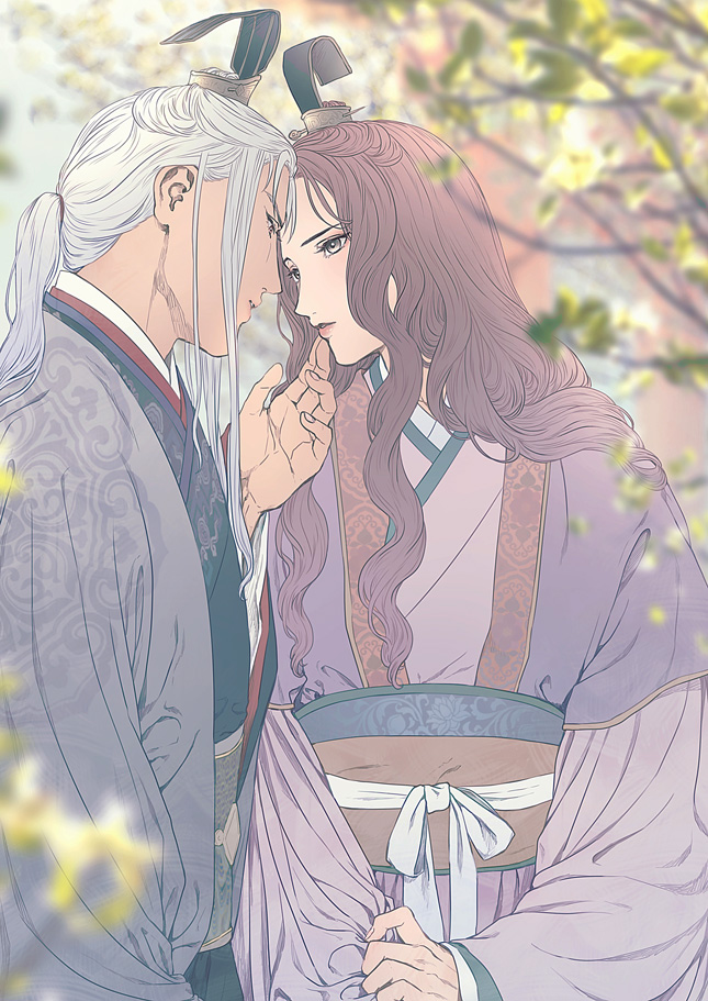 1boy 1girl blurry branch brown_hair bun_cover chinese_clothes clothes_grab couple day depth_of_field eye_contact face-to-face finger_to_another's_mouth grey_hair half_updo hand_up hanfu hetero imminent_kiss juuni_kokuki king_tai_(juuni_kokuki) kyusui_polymer lipstick long_hair long_sleeves looking_at_another looking_away low_ponytail makeup parted_lips pink_robe ponytail risai_(juuni_kokuki) robe sash sidelocks upper_body wide_sleeves