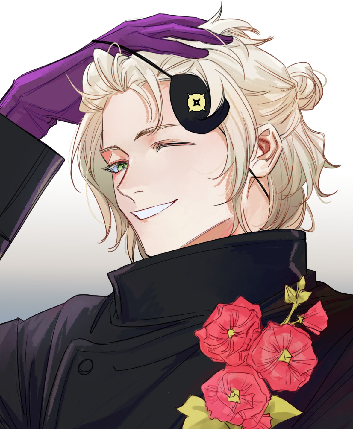 1boy ai_the_somnium_files black_coat blonde_hair coat commentary date_kaname eyepatch eyepatch_lift flower gloves gradient gradient_background green_eyes hand_on_own_head highres long_sleeves looking_at_viewer male_focus one_eye_closed purple_gloves red_flower remmec2 simple_background smile solo symbol-only_commentary upper_body