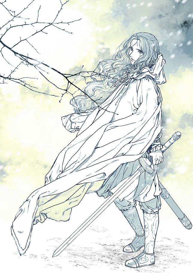 1girl amputee arm_at_side armored_boots boots branch cloak closed_mouth dirty dirty_face floating_clothes floating_hair from_side full_body holding holding_sword holding_weapon hood hood_down hooded_cloak juuni_kokuki kyusui_polymer long_hair long_sleeves looking_afar monochrome pants risai_(juuni_kokuki) robe scabbard sheath snowing solo standing sword unsheathed wavy_hair weapon wind