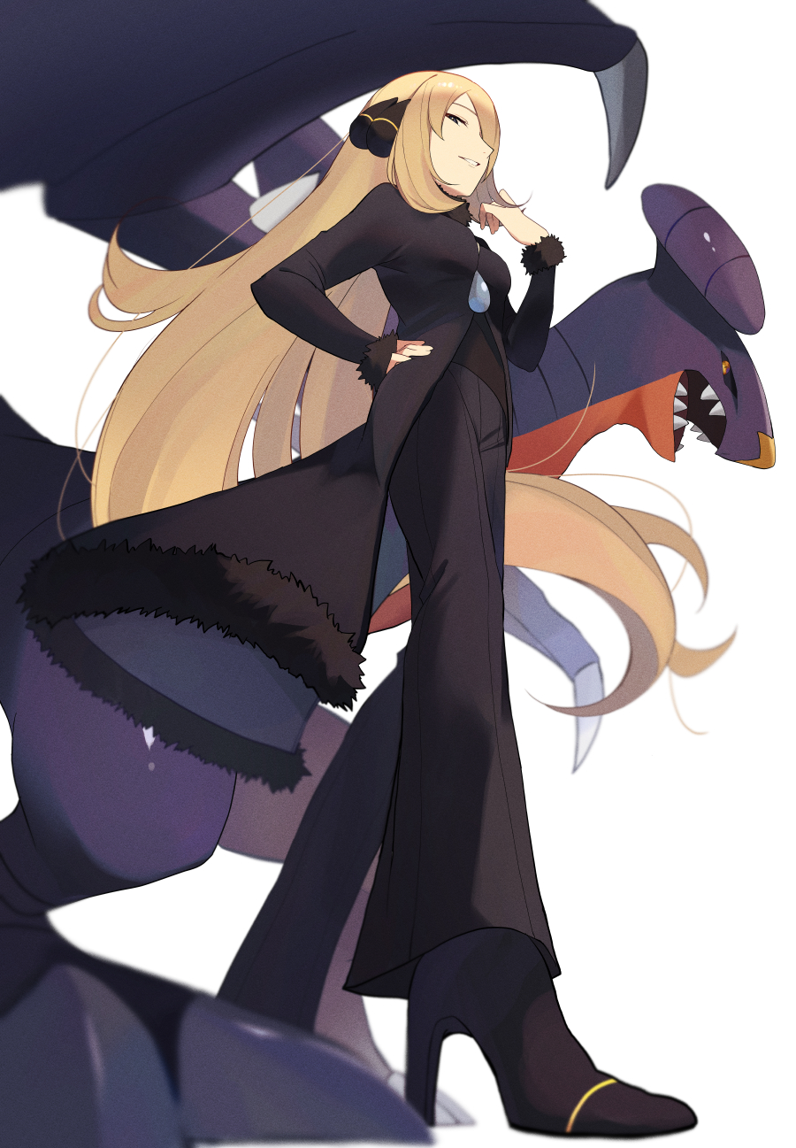 1girl black_coat black_footwear black_pants black_shirt blonde_hair blurry breasts coat commentary cynthia_(pokemon) from_below fur-trimmed_coat fur_collar fur_trim garchomp hair_ornament hair_over_one_eye hand_up high_heels highres kuroto_(cfdg3537) long_hair long_sleeves looking_down pants parted_lips pokemon pokemon_(creature) pokemon_(game) pokemon_dppt shirt smile very_long_hair white_background