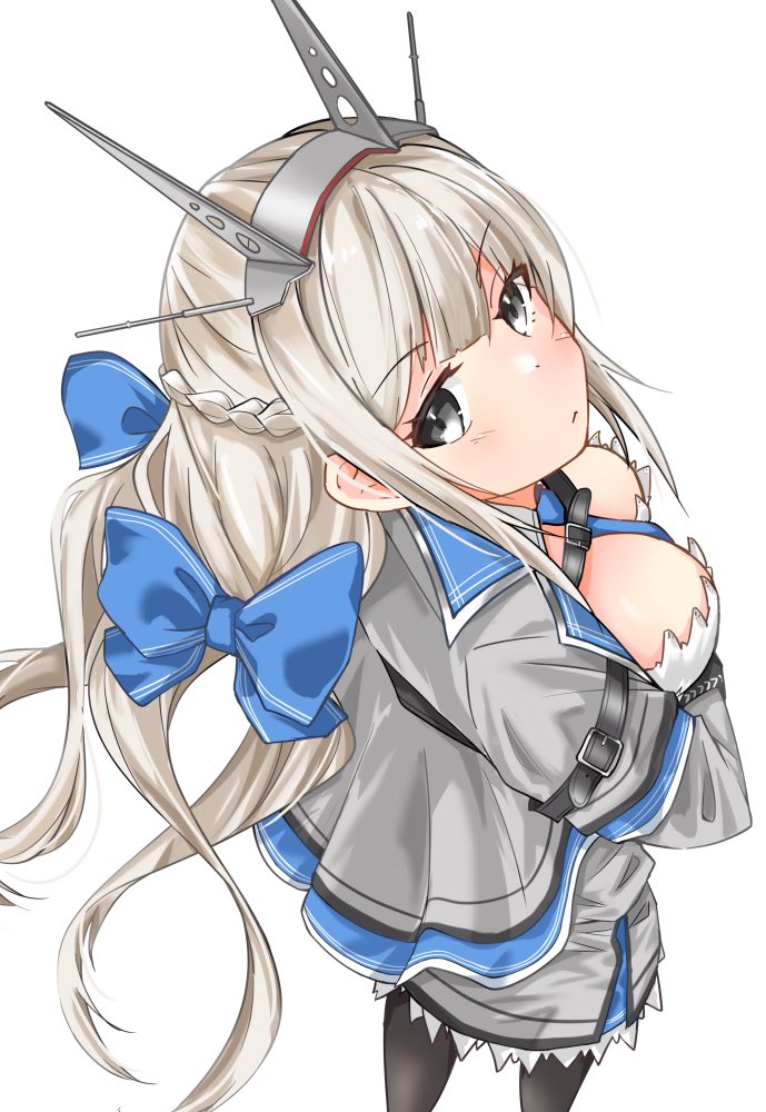 1girl between_breasts black_gloves blonde_hair blue_bow blue_capelet blue_eyes blue_necktie bow braid breasts capelet dress french_braid from_above gloves grey_capelet grey_dress grey_eyes hair_bow headgear kantai_collection large_breasts long_hair low_twintails makinoki maryland_(kancolle) multicolored_capelet necktie necktie_between_breasts solo twintails