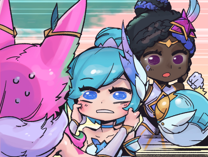 3girls :o ahri_(league_of_legends) animal_ears ball bangs bare_shoulders black_hair blue_choker blue_eyes blue_hair choker collarbone fox_ears green_hair hair_bun hand_up hands_on_another's_cheeks hands_on_another's_face league_of_legends looking_at_another multicolored_hair multiple_girls open_mouth phantom_ix_row pink_hair shiny shiny_hair single_hair_bun speed_lines star_guardian_(league_of_legends) star_guardian_ahri star_guardian_orianna star_guardian_senna teeth two-tone_hair