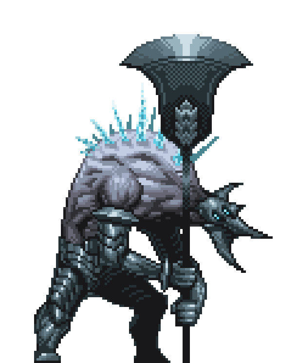 1boy armor colored_skin extra_eyes gaak11977 gauntlets greaves grey_background grey_skin helmet holding holding_weapon hunched_over male_focus monster original pixel_art simple_background spikes standing vambraces weapon