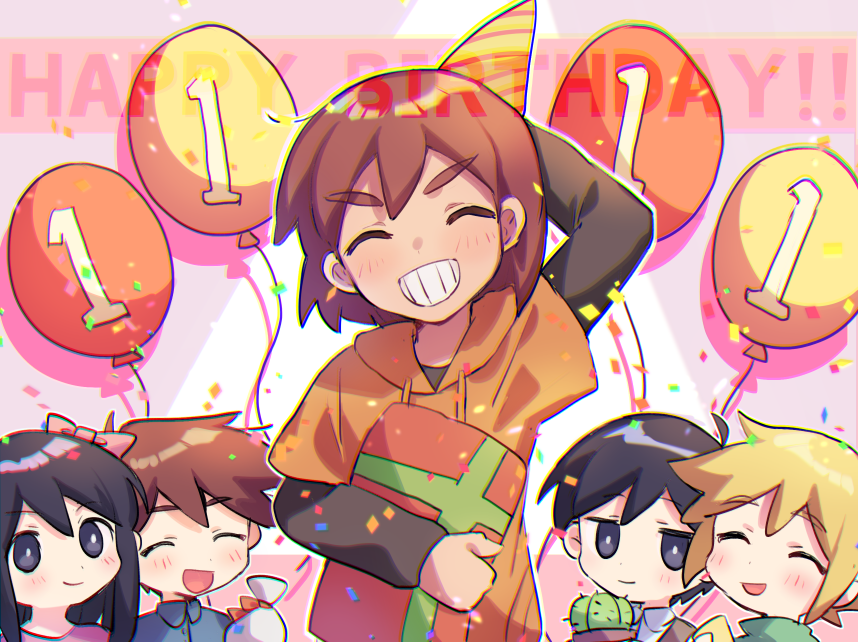 1girl 4boys arms_behind_head aubrey_(omori) balloon bangs basil_(omori) birthday birthday_party black_eyes black_shirt blonde_hair blue_shirt bow brown_hair cactus closed_eyes closed_mouth collared_shirt gift green_shirt hair_bow hat head_tilt hero_(omori) holding holding_gift hood hoodie kel_(omori) long_hair long_sleeves looking_at_viewer multiple_boys omori open_mouth orange_hoodie party_hat pink_background pink_bow pink_shirt shirt short_hair smile standing sunny_(omori) thick_eyebrows xox_xxxxxx