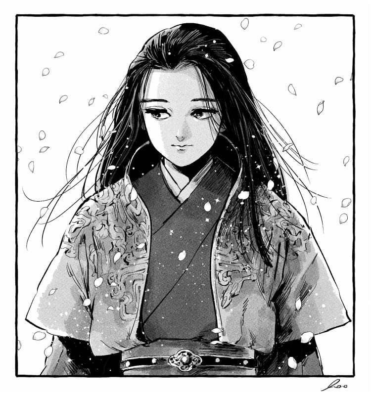 1boy androgynous border chinese_clothes closed_mouth falling_petals floating_hair greyscale hair_slicked_back hono666 juuni_kokuki layered_sleeves light_smile long_hair long_sleeves male_focus monochrome petals sash short_over_long_sleeves short_sleeves sideways_glance simple_background solo straight_hair taiki_(juuni_kokuki) upper_body wind