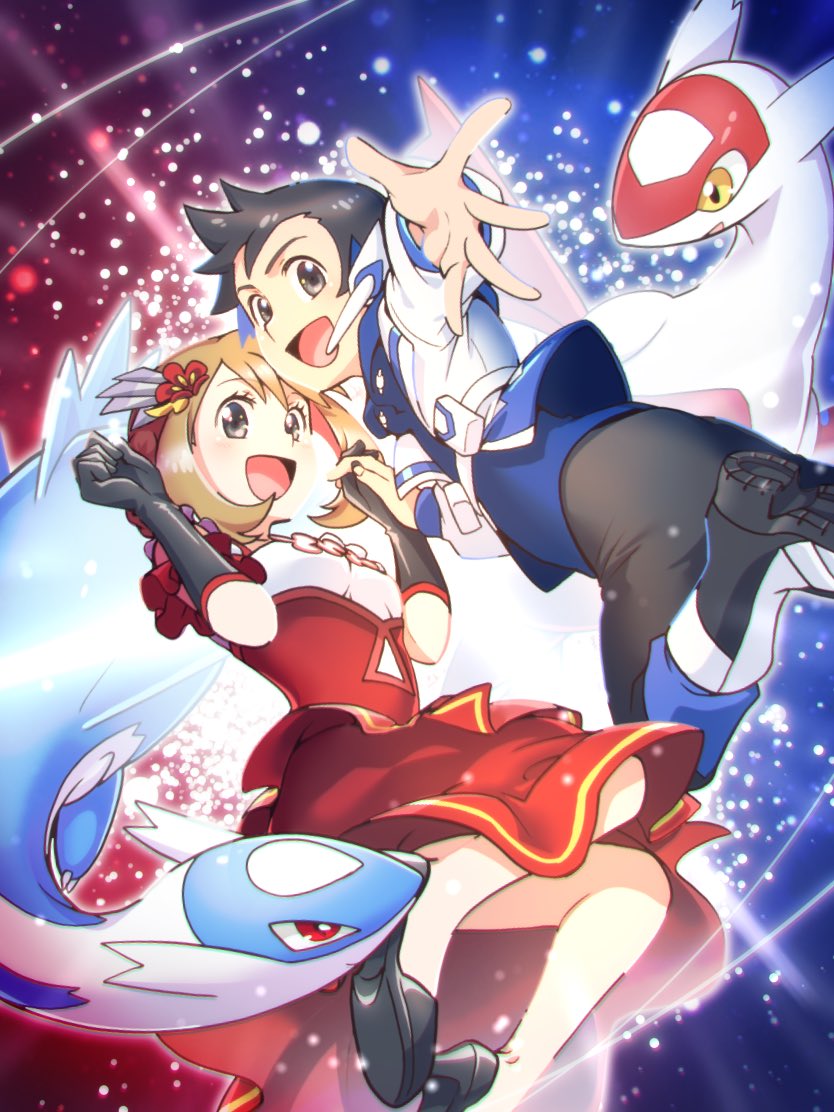 1boy 1girl blush boots brendan_(pokemon) dress earpiece flower gloves hair_flower hair_ornament holding_hands interlocked_fingers latias latios looking_at_another looking_at_viewer may_(pokemon) nagi_(exsit00) official_alternate_costume open_mouth outstretched_arm pokemon pokemon_(creature) pokemon_(game) pokemon_masters_ex red_dress red_eyes smile wings yellow_eyes