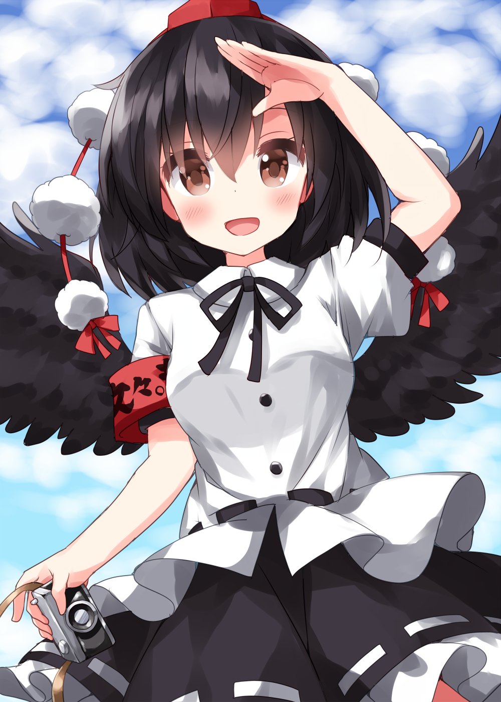 1girl armband belt bird_wings black_belt black_hair black_ribbon black_skirt black_wings breasts brown_eyes camera clouds cloudy_sky collared_shirt commentary_request cowboy_shot day feathered_wings frilled_skirt frills hat highres holding holding_camera medium_breasts neck_ribbon one-hour_drawing_challenge open_mouth outdoors pom_pom_(clothes) puffy_short_sleeves puffy_sleeves red_headwear ribbon ruu_(tksymkw) salute shameimaru_aya shirt short_hair short_sleeves skirt sky solo tassel tokin_hat touhou translation_request white_shirt wings