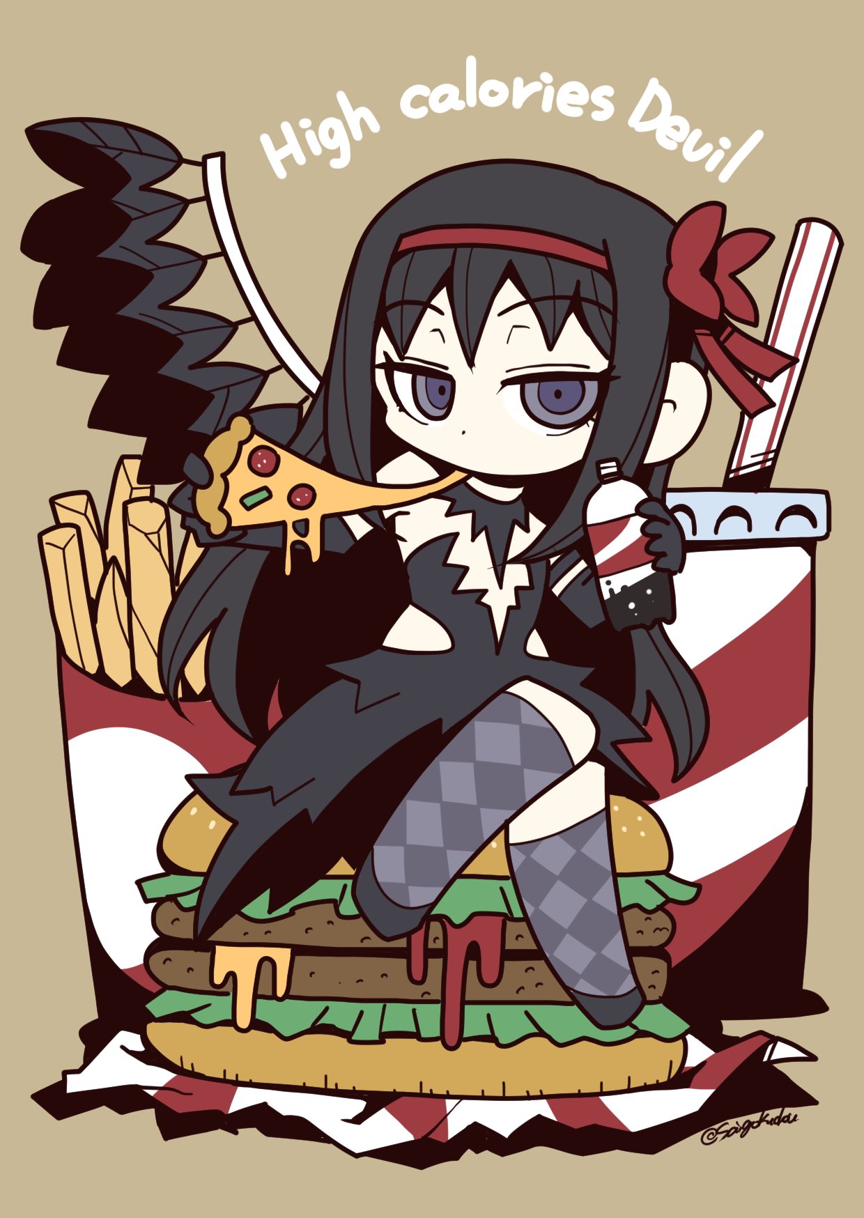 1girl akemi_homura akuma_homura alternate_costume argyle_thighhighs armlet artist_name bangs bare_shoulders black_dress black_footwear black_gloves black_hair bow bread_bun brown_background burger cheese_trail chibi cup disposable_cup dot_nose dress drink drinking_straw ears_visible_through_hair eating elbow_gloves english_text fast_food feathered_wings flat_chest food french_fries gloves hair_bow hair_ornament highres holding holding_drink holding_food holding_pizza jitome lettuce long_hair looking_at_viewer mahou_shoujo_madoka_magica mahou_shoujo_madoka_magica_movie minigirl no_mouth official_alternate_costume pepperoni pizza pizza_slice raised_eyebrows red_bow saigokudou seed sesame_seeds shadow sidelocks sitting_on_food sleeveless sleeveless_dress slippers soda soda_bottle solo thigh-highs twitter_username very_long_hair violet_eyes wings wrapper