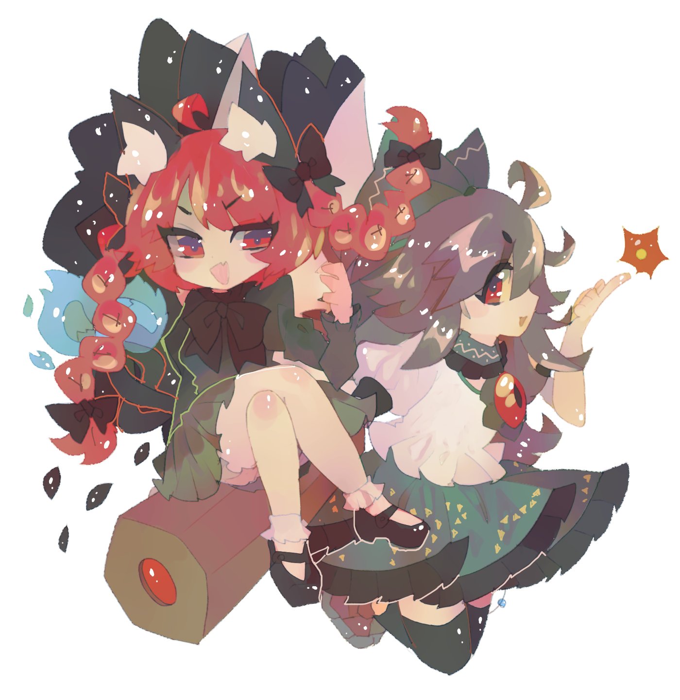 2girls ahoge animal_ear_fluff animal_ears arm_cannon black_bow black_bowtie black_footwear black_thighhighs blush bobby_socks bow bowtie braid brown_hair cat_ears cat_tail collared_shirt crossed_legs doryata dress fang flame-tipped_tail frilled_shirt_collar frilled_skirt frills green_bow green_dress green_skirt hair_bow highres juliet_sleeves kaenbyou_rin long_hair long_sleeves looking_at_viewer mary_janes multiple_girls multiple_tails puffy_short_sleeves puffy_sleeves red_eyes redhead reiuji_utsuho shirt shoes short_sleeves simple_background sitting skin_fang skirt socks tail thigh-highs third_eye touhou twin_braids two_tails weapon white_background white_shirt white_socks