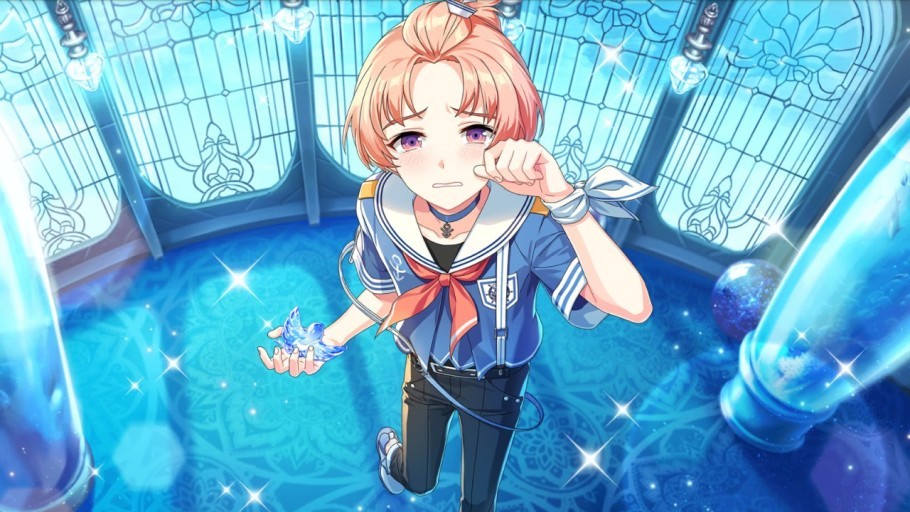 1boy afterl!fe belt blush choker crying crying_with_eyes_open kati_(afterl!fe) looking_at_viewer looking_up male_focus official_art pants pink_hair sailor_collar sailor_shirt second-party_source shirt short_hair short_sleeves solo tears violet_eyes