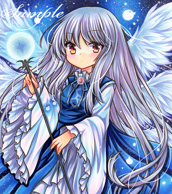 :&lt; adapted_costume angel blue_dress blue_ribbon breasts dress feathered_wings frilled_sleeves frills highly_responsive_to_prayers holding holding_wand long_hair long_sleeves looking_at_viewer marker_(medium) multiple_wings neck_ribbon pinafore_dress purple_hair red_eyes ribbon rui_(sugar3) sariel_(touhou) seraph small_breasts touhou touhou_(pc-98) traditional_media very_long_hair wand white_hair white_wings wide_sleeves wings