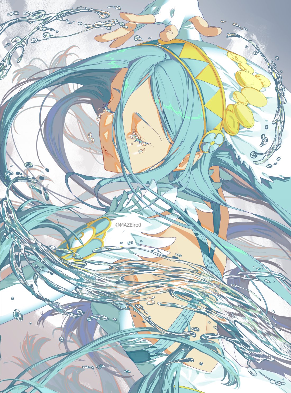 1girl aqua_hair arm_behind_head azura_(fire_emblem) backless_dress backless_outfit bangs closed_eyes colored_eyelashes crying detached_sleeves dress feather_trim fingerless_gloves fire_emblem fire_emblem_fates gloves hair_between_eyes headdress highres long_hair maze_draws parted_bangs solo teardrop tears upper_body water water_drop white_dress