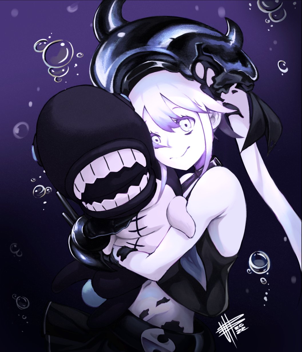 1girl abyssal_ship colored_skin destroyer_princess headgear highres i-class_destroyer kantai_collection mateus_upd object_hug school_uniform stuffed_toy underwater white_skin