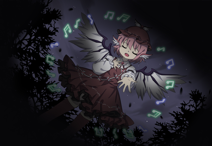 1girl animal_ears beamed_eighth_notes beamed_sixteenth_notes bird_ears bird_wings brown_dress brown_headwear brown_thighhighs closed_eyes dress eighth_note frilled_dress frills hat long_sleeves music musical_note mystia_lorelei open_mouth pink_hair short_hair singing solo thigh-highs touhou vikramjoti white_wings winged_hat wings