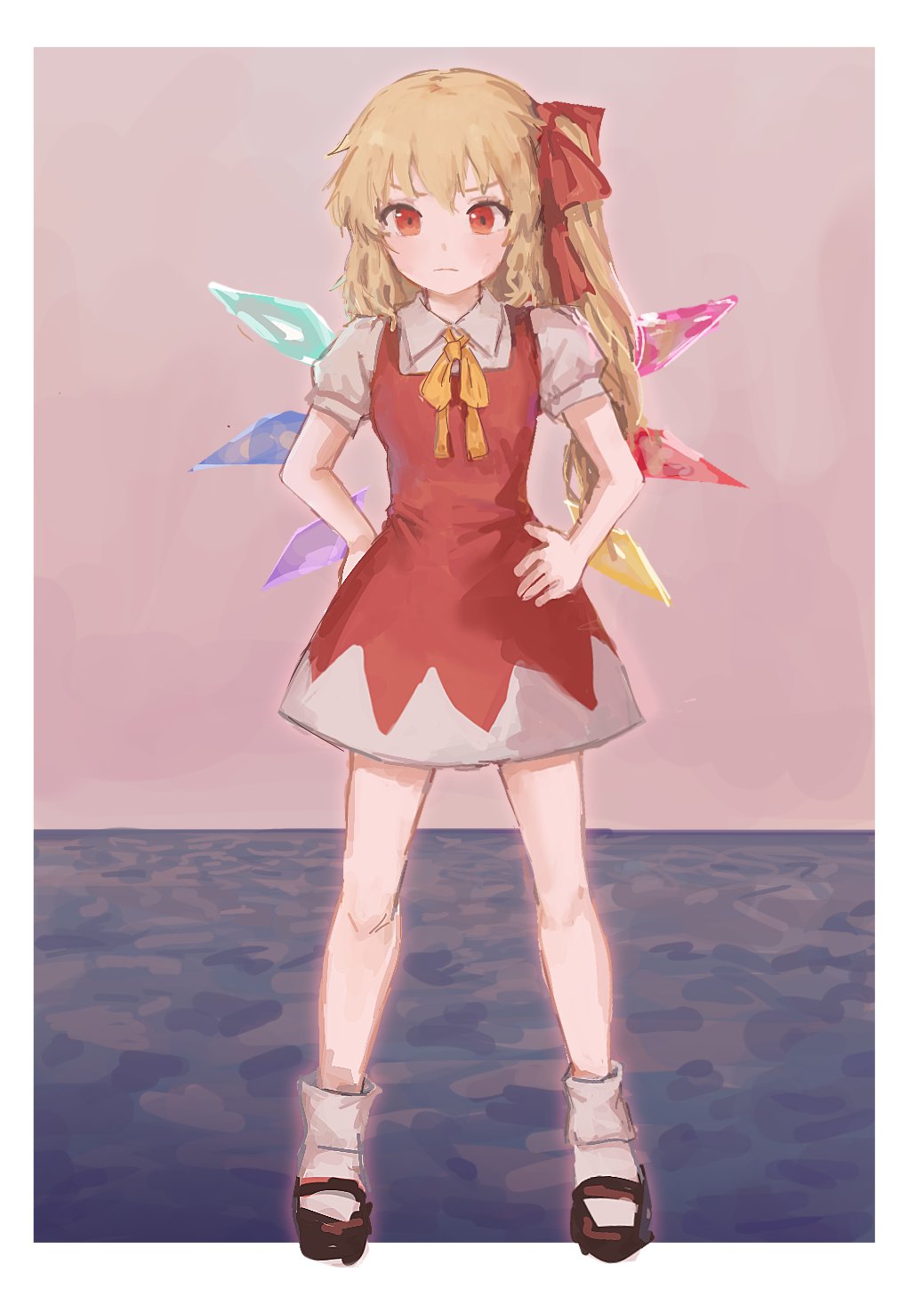 1girl bangs black_footwear blonde_hair blush border bow bowtie breasts cirno closed_mouth collared_shirt dress embodiment_of_scarlet_devil flandre_scarlet fusion grey_shirt grey_socks hair_between_eyes hair_ribbon hands_up highres himuhino ice ice_wings lake looking_at_viewer medium_breasts multicolored_wings no_hat no_headwear outside_border pink_sky ponytail puffy_short_sleeves puffy_sleeves red_dress red_eyes red_ribbon ribbon shirt shoes short_sleeves side_ponytail sky socks solo standing touhou v-shaped_eyebrows water white_border wings yellow_bow yellow_bowtie