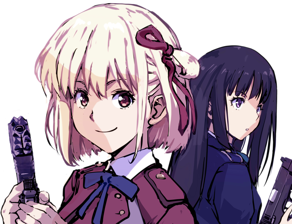 2girls bangs black_hair blonde_hair blue_dress blue_ribbon buttons collared_shirt commentary_request dress gun hair_ornament hair_ribbon handgun holding holding_weapon inoue_takina kamisimo_90 long_hair looking_at_viewer lycoris_recoil multiple_girls neck_ribbon nishikigi_chisato red_eyes red_ribbon ribbon shirt short_hair smile uniform violet_eyes weapon