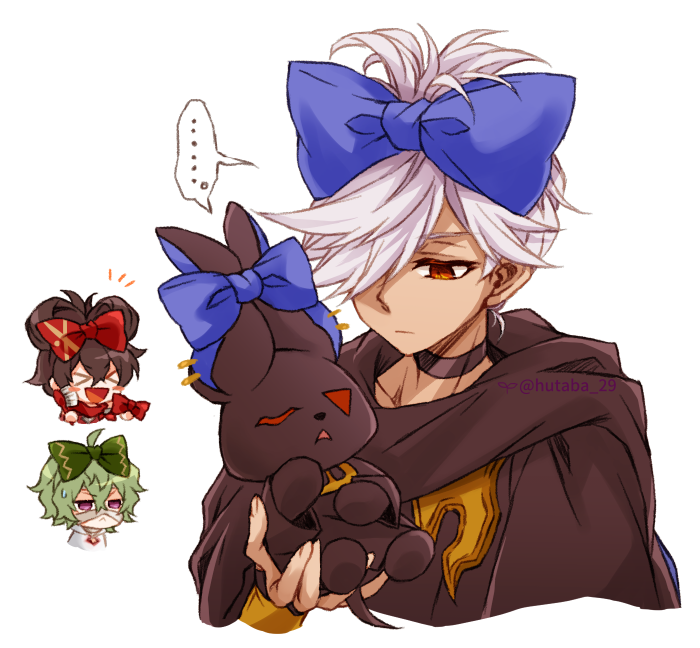 &gt;_&lt; ... 1boy 2girls :&lt; :d ahoge alternate_hairstyle amber_(genshin_impact) annoyed arabian_clothes artist_name bandages bangs black_choker blue_bow blush_stickers borrowed_hairstyle bow brown_hair brush chibi chibi_inset choker closed_mouth collei_(genshin_impact) cropped_torso crossover cyno_(genshin_impact) dark-skinned_male dark_skin ear_bow expressionless genshin_impact green_hair hair_bow hair_brush hair_ornament hair_over_one_eye hand_up holding hood hood_down hutaba_29 jitome long_hair multiple_girls notice_lines one_eye_covered open_mouth rabbit red_bow red_eyes sanrio short_hair sidelocks smile solo_focus speech_bubble spoken_ellipsis sweatdrop swept_bangs tied_ears twitter_username updo violet_eyes white_background white_hair