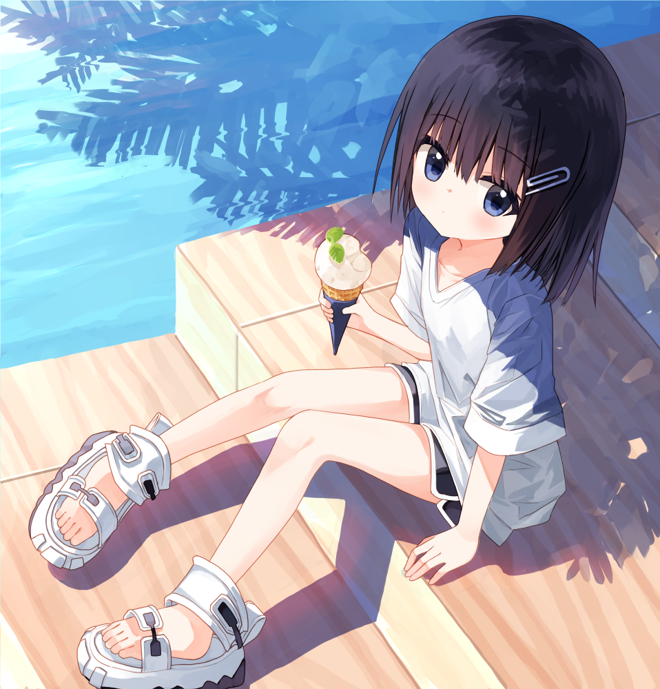 1girl bangs black_hair black_shorts blue_eyes closed_mouth dolphin_shorts food full_body hair_between_eyes hair_ornament hairclip holding holding_food ice_cream ice_cream_cone looking_at_viewer original outdoors sandals shirt short_shorts short_sleeves shorts sitting solo water white_footwear white_shirt yuuhagi_(amaretto-no-natsu)