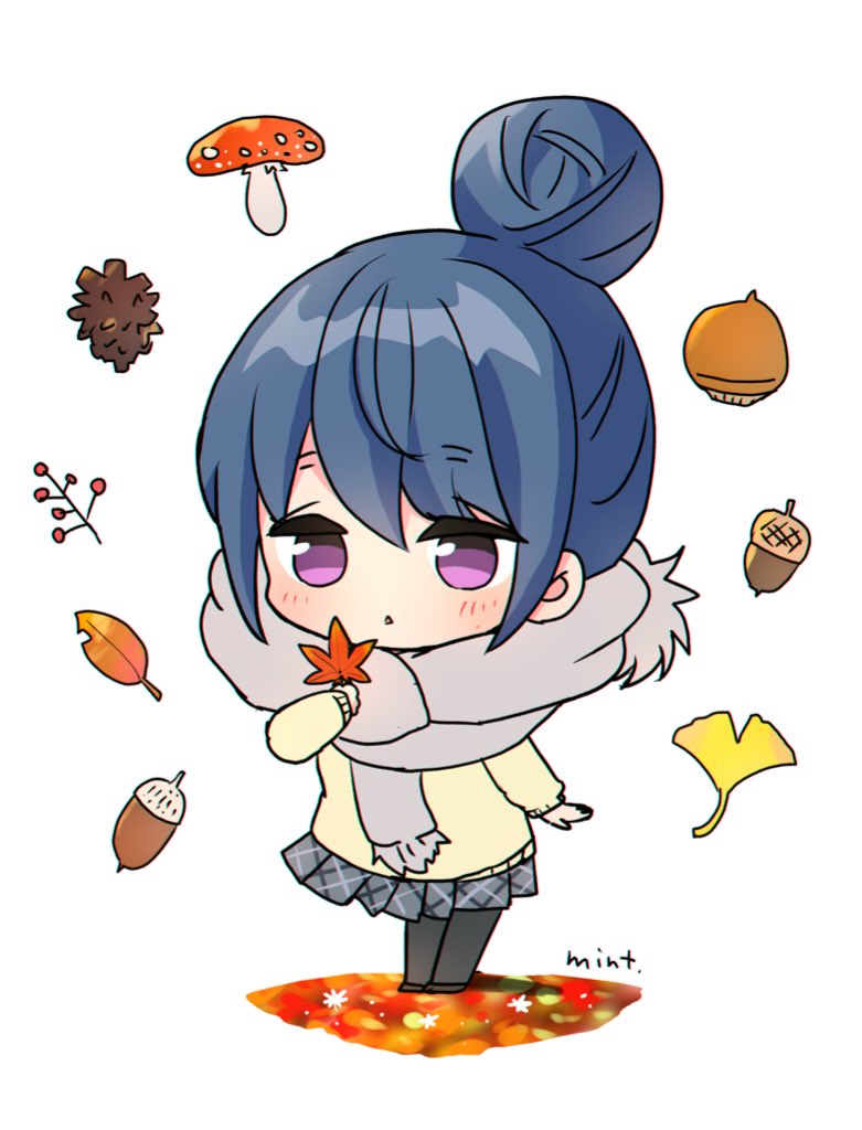 1girl acorn autumn autumn_leaves black_pantyhose blue_hair chibi ginkgo_leaf leaf maple_leaf mint_(mintlemonade3) mushroom pantyhose pinecone scarf school_uniform shima_rin solo triangle_mouth violet_eyes yurucamp