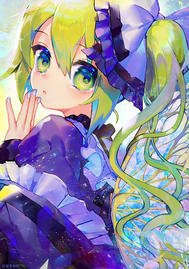 1girl alternate_costume bangs blue_bow blue_dress blue_nails bow commentary daiyousei dress fairy_wings frilled_bow frilled_dress frills from_behind green_eyes green_hair hair_between_eyes hair_bow hand_to_own_mouth hinasumire long_hair long_sleeves looking_at_viewer looking_back open_mouth side_ponytail solo touhou upper_body wings