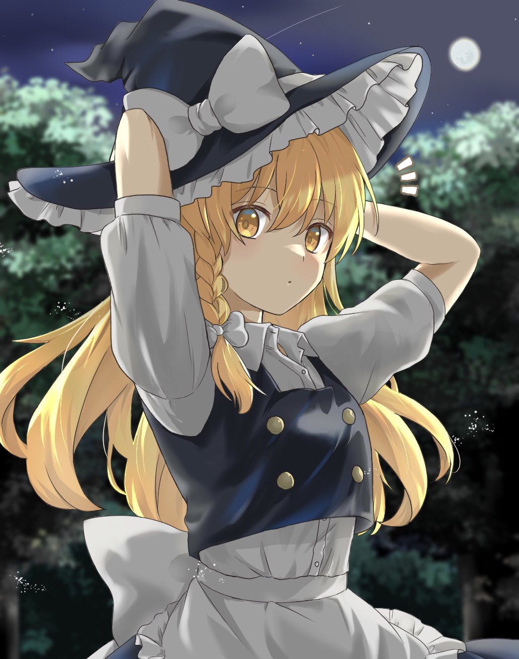 1girl apron arms_behind_head arms_up back_bow bangs black_headwear black_skirt black_vest blonde_hair blue_sky blush bow braid breasts buttons clouds cloudy_sky collared_shirt commentary_request eyes_visible_through_hair forest frills full_body grey_apron grey_bow grey_shirt hair_between_eyes hair_bow hands_up hat hat_bow highres kirisame_marisa leaf long_hair looking_at_viewer medium_breasts moon moonlight nature night night_sky open_mouth outdoors puffy_short_sleeves puffy_sleeves reimu_tyuki shirt short_sleeves single_braid skirt sky solo star_(sky) starry_sky touhou tree vest witch_hat yellow_eyes