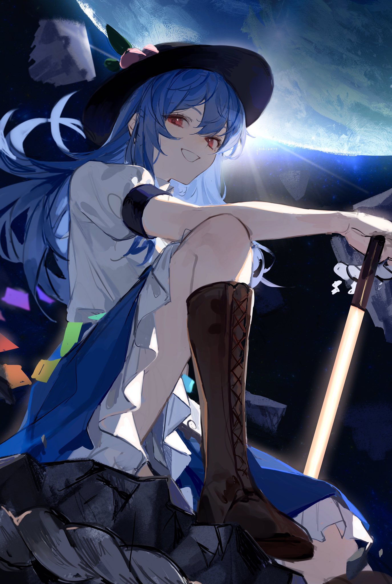 1girl bangs black_headwear blue_hair blue_skirt boots brown_footwear commentary cross-laced_footwear elbow_on_knee foot_out_of_frame frilled_skirt frills grin hat highres hinanawi_tenshi holding holding_sword holding_weapon knee_up long_hair looking_at_viewer peach_hat_ornament pkokonatu planet puffy_short_sleeves puffy_sleeves rainbow_order red_eyes rock shirt short_sleeves sitting skirt smile solo sword sword_of_hisou thigh_boots touhou weapon white_shirt