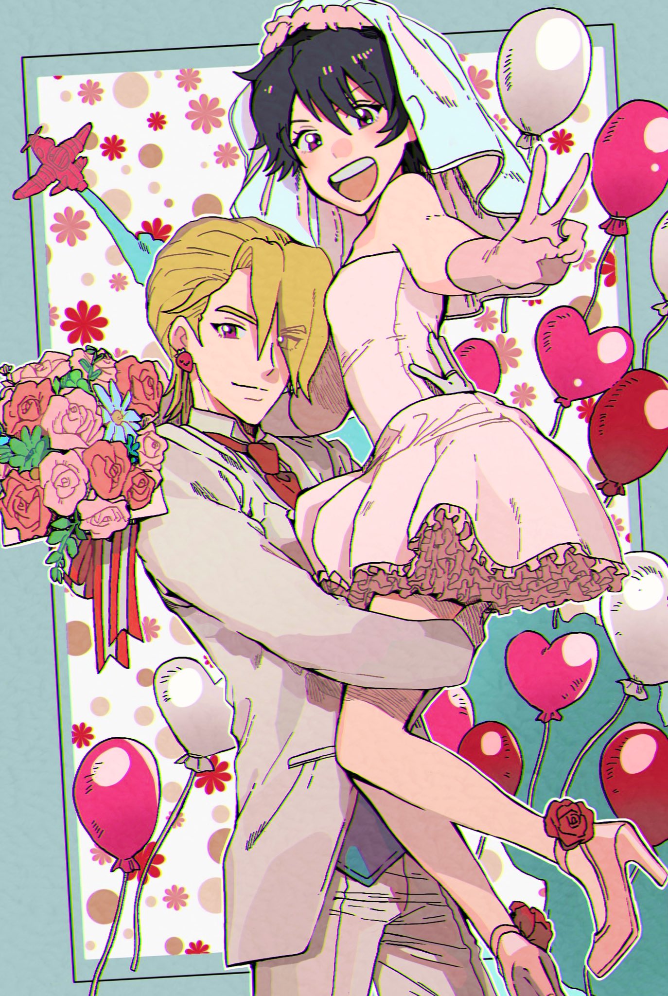 1boy 1girl :d aircraft airplane balloon bangs black_hair blonde_hair blush bouquet breasts bridal_veil caro_bambino carrying_bag couple dress earrings elbow_gloves eyes_visible_through_hair flower food-themed_earrings formal frilled_dress frills genderswap genderswap_(mtf) gloves hair_over_one_eye hand_on_another's_back heart_balloon hetero highres holding holding_bouquet jewelry jojo_no_kimyou_na_bouken narancia_ghirga necktie open_mouth pannacotta_fugo picking_up ribbon rose shoe_flower short_hair small_breasts smile strapless strapless_dress strappy_heels strawberry_earrings suit v veil vento_aureo violet_eyes wedding