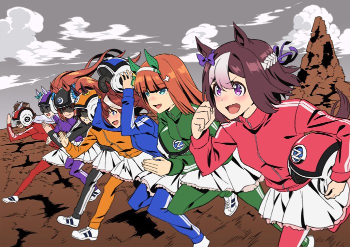 6+girls animal_ears aqua_eyes bangs black_track_suit blue_track_suit blunt_bangs brown_hair brown_headwear cosplay cygames daiwa_scarlet_(umamusume) ear_covers ear_ribbon frilled_skirt frills gold_ship_(umamusume) greeen_track_suit hair_ornament headwear_removed helmet hime_cut holding holding_helmet horse_ears horse_girl horse_tail hoshikawa_lily hoshikawa_lily_(cosplay) kabashima_yousuke konno_junko konno_junko_(cosplay) long_hair looking_at_another mejiro_mcqueen_(umamusume) minamoto_sakura minamoto_sakura_(cosplay) mizuno_ai mizuno_ai_(cosplay) multicolored_hair multiple_girls nikaidou_saki nikaidou_saki_(cosplay) official_art orange_hair orange_track_suit pillbox_hat pink_track_suit purple_hair purple_track_suit red_track_suit running shoes short_hair silence_suzuka_(umamusume) skirt sneakers special_week_(umamusume) tail tokai_teio_(umamusume) track_suit twintails two-tone_hair umamusume very_long_hair violet_eyes vodka_(umamusume) white_footwear white_hair white_skirt yamada_tae yamada_tae_(cosplay) yuugiri_(zombie_land_saga) yuugiri_(zombie_land_saga)_(cosplay) zombie_land_saga