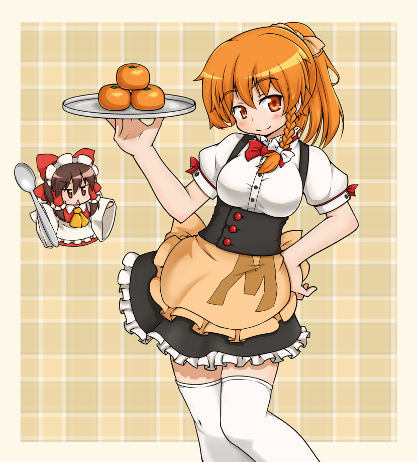 2girls adapted_costume alternate_hairstyle apron azusa_(cookie) bangs black_skirt blush bow bowtie braid breasts brown_apron brown_hair buttons closed_mouth commentary_request cookie_(touhou) detached_sleeves dress feet_out_of_frame food frilled_hair_tubes frilled_skirt frills fruit full_body hair_between_eyes hair_bow hair_tubes hakurei_reimu hand_on_hip holding holding_tray kirisame_marisa knb_(nicoseiga53198051) long_hair looking_at_viewer mandarin_orange medium_breasts minigirl miniskirt multiple_girls open_mouth orange_bow orange_eyes orange_hair ponytail red_bow red_bowtie red_dress red_eyes sakenomi_(cookie) side_braid sidelocks single_braid skirt smile thigh-highs touhou tray triangle_mouth waist_apron white_sleeves white_thighhighs