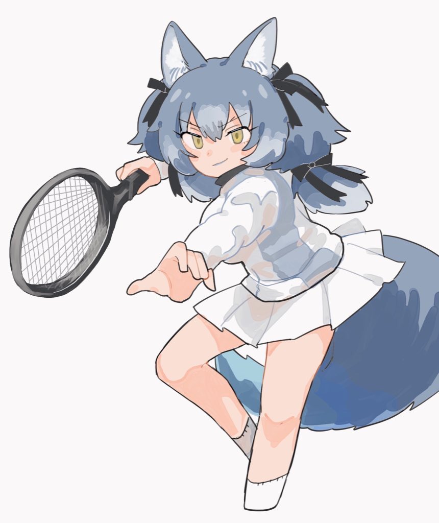 1girl animal_costume animal_ear_fluff animal_ears blue_hair closed_mouth dire_wolf_(kemono_friends) kemono_friends kemono_friends_v_project long_hair looking_at_viewer racket ribbon shimazoenohibi simple_background skirt socks solo sportswear tail tennis_racket tennis_uniform twintails virtual_youtuber wolf_costume wolf_ears wolf_girl wolf_tail yellow_eyes