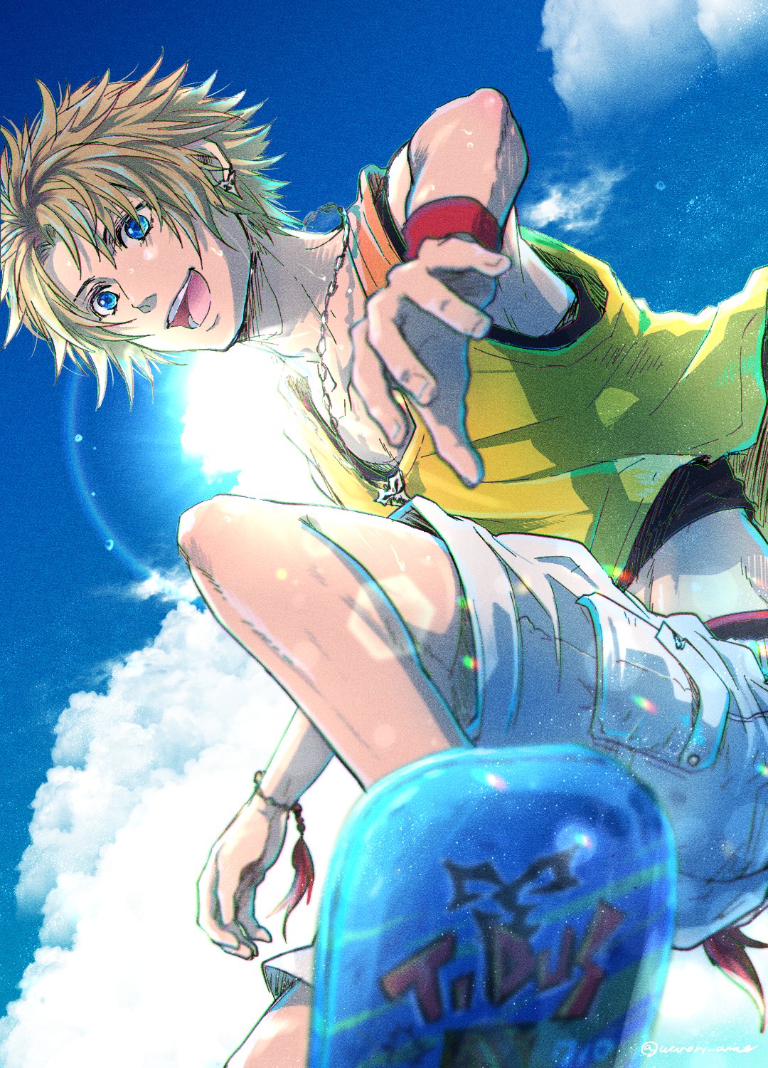 1boy bangs black_tank_top blonde_hair blue_eyes bracelet chain_necklace character_name clouds cloudy_sky earrings final_fantasy final_fantasy_x highres jewelry layered_shirt male_focus midriff_peek necklace open_mouth outdoors parted_bangs shirt short_hair shorts single_earring sky sleeveless sleeveless_shirt smile solo sunlight tank_top teeth tidus twitter_username upper_teeth warori_anne white_shorts wristband yellow_tank_top