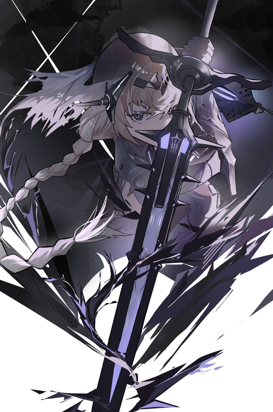 android bianca_(punishing:_gray_raven) blonde_hair braid braided_ponytail dark_background fighting_stance hair_ornament highres holding holding_weapon long_hair looking_at_viewer mole mole_under_eye ponytail punishing:_gray_raven violet_eyes weapon wen54 white_background