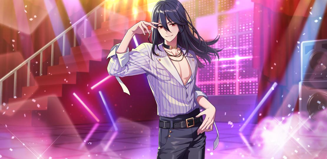 1boy afterl!fe belt black_hair choker ghilley_(afterl!fe) long_hair long_sleeves looking_at_viewer male_focus official_art open_clothes open_shirt pants red_eyes second-party_source shirt smile solo teeth v-neck