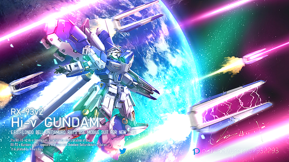 beam bit_(gundam) char's_counterattack char's_counterattack_-_beltorchika's_children character_name commentary earth_(planet) electricity english_text fin_funnels firing funnels_(gundam) gundam hi-nu_gundam light_particles mecha mobile_suit no_humans pixiv_id planet robot science_fiction serike_w shield signature solo space thrusters twitter_username v-fin weapon yellow_eyes