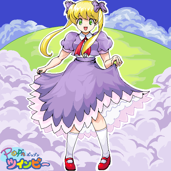 1girl blonde_hair blue_sky bow clouds copyright_name day dress full_body green_eyes hair_bow hill long_hair madoka_(twinbee) mary_janes outdoors puffy_short_sleeves puffy_sleeves purple_bow purple_dress red_footwear rf shoes short_sleeves skirt_hold sky socks solo standing twinbee twintails white_socks