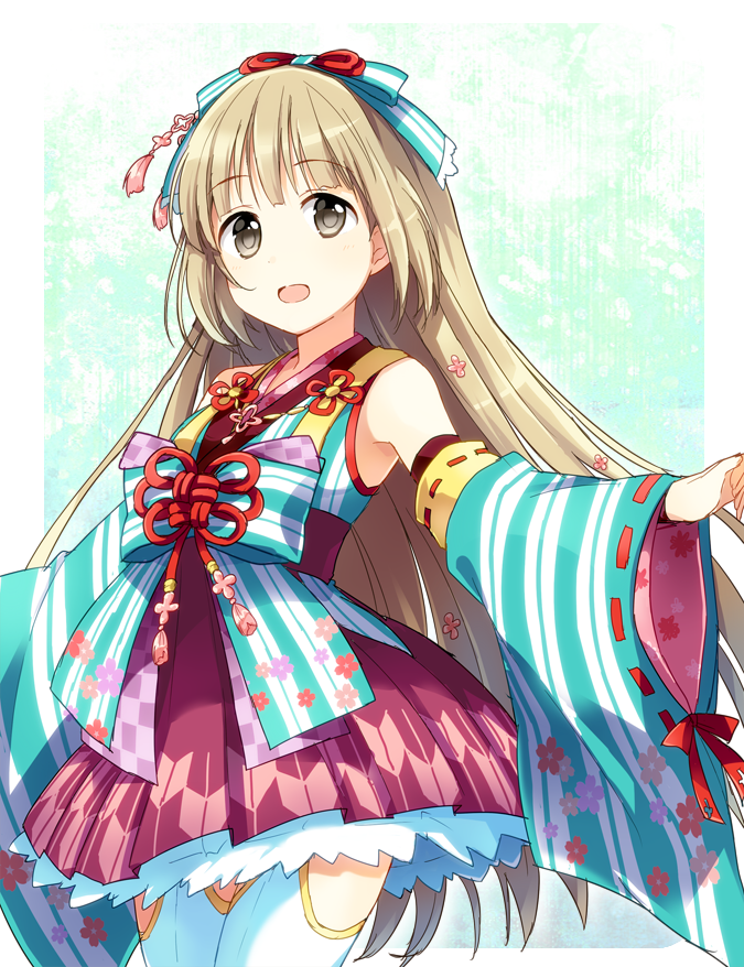 1girl :d aqua_bow aqua_sleeves armpit_crease arms_at_sides arrow_print bangs blonde_hair blunt_bangs border bow bowtie breasts clothing_request detached_sleeves dot_nose dress floral_print frilled_dress frills green_background grey_eyes hair_bow hair_ornament hands_up idolmaster idolmaster_cinderella_girls idolmaster_cinderella_girls_starlight_stage long_hair looking_at_viewer open_mouth outside_border red_bow red_bowtie red_dress red_ribbon ribbon ribbon-trimmed_sleeves ribbon_trim small_breasts smile solo standing striped striped_bow striped_sleeves toro_(shiro) white_border yorita_yoshino