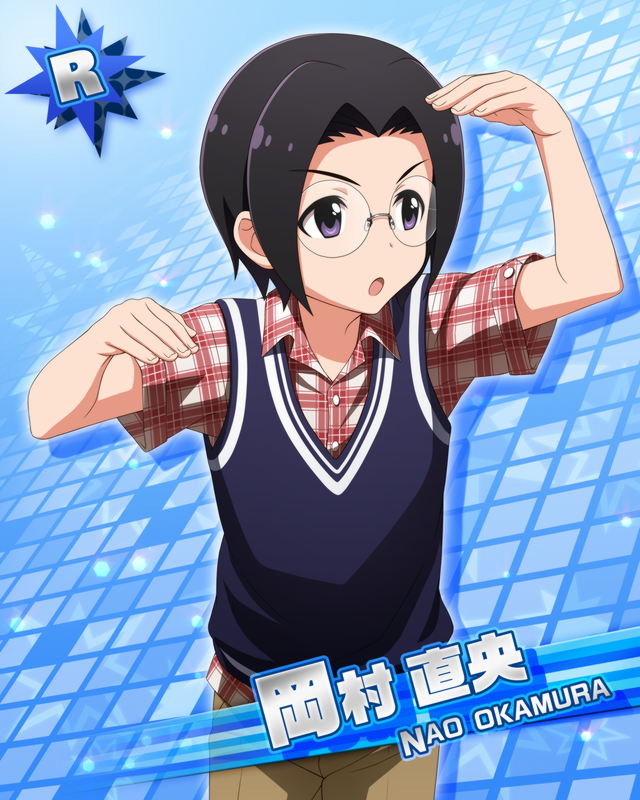 1boy black_hair blue_background buttons card_(medium) character_name fingernails glasses gloves idolmaster idolmaster_side-m looking_to_the_side male_child male_focus official_art okamura_nao open_mouth short_hair short_sleeves solo upper_body violet_eyes