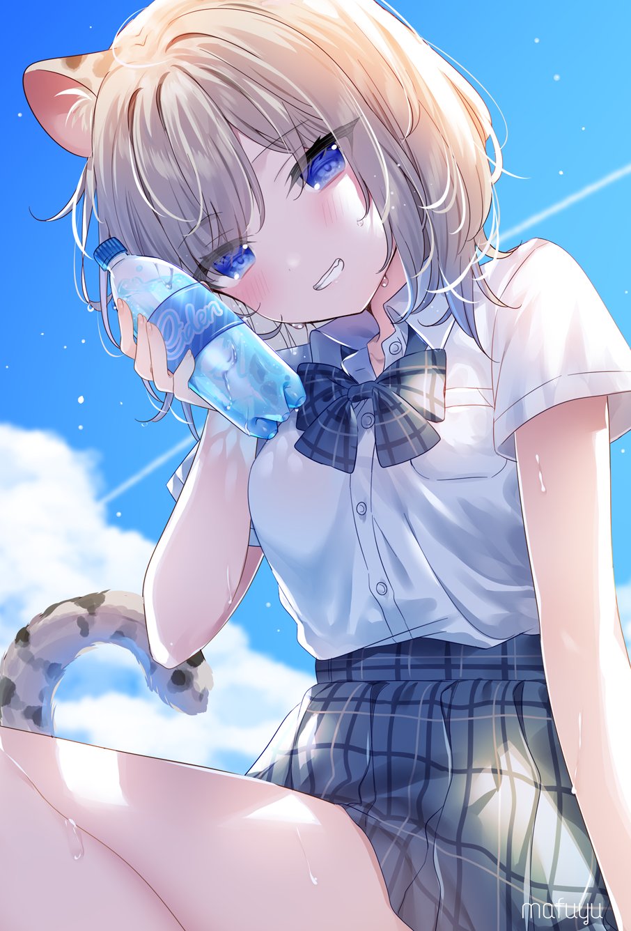 1girl cat_ears cat_tail grey_hair looking_at_viewer sweat tail toranoana water_bottle