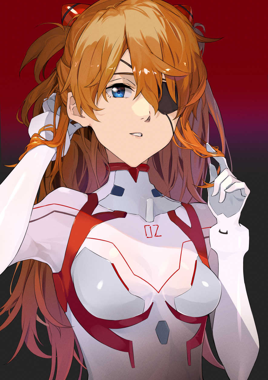 1girl blue_eyes bodysuit evangelion:_3.0+1.0_thrice_upon_a_time eyepatch gradient gradient_background hair_between_eyes hand_in_own_hair highres ibaraki_shun long_hair looking_at_viewer neon_genesis_evangelion orange_hair parted_lips plugsuit rebuild_of_evangelion red_background solo souryuu_asuka_langley teeth turtleneck upper_body white_bodysuit