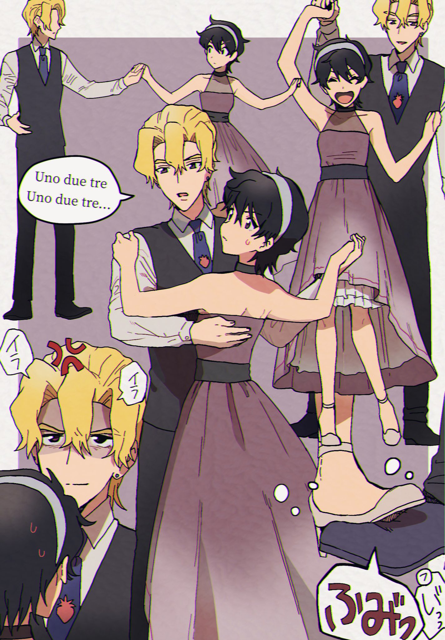 1boy 1girl :d anger_vein ankle_strap arm_up bangs black_hair blonde_hair caro_bambino collared_shirt couple dancing dress dress_shoes earrings food_print formal genderswap genderswap_(mtf) hairband halter_dress halterneck hand_on_another's_back hand_on_another's_shoulder hetero high_heels highres holding_hands italian_text jewelry jojo_no_kimyou_na_bouken layered_dress multiple_views narancia_ghirga necktie open_mouth pannacotta_fugo parted_bangs purple_hair shaded_face shirt short_hair smile speech_bubble spinning stepped_on strappy_heels strawberry_print suit sweat translation_request vento_aureo vest