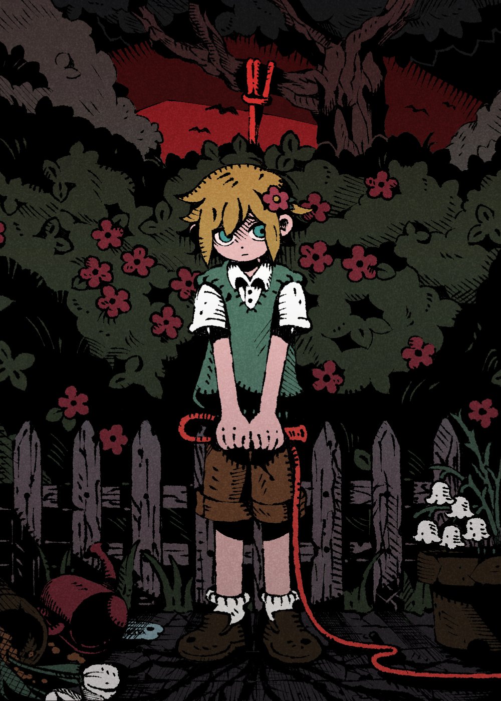 1boy 9twoeight basil_(omori) blonde_hair blue_eyes brown_shorts cargo_shorts closed_mouth collared_shirt expressionless flower flower_pot full_body green_sweater_vest hair_flower hair_ornament highres holding holding_rope jump_rope looking_at_viewer omori outdoors red_sky rope shirt short_hair short_sleeves shorts sky solo spoilers standing sweater_vest tree watering_can white_shirt