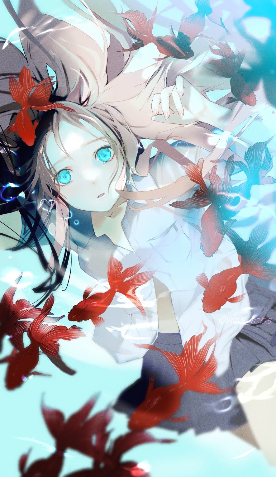 1girl air_bubble bangs blue_eyes brown_hair bubble collared_shirt fish floating_hair goldfish hand_up highres koa_tcbs long_hair midriff original parted_lips partially_unbuttoned pleated_skirt shirt skirt solo underwater