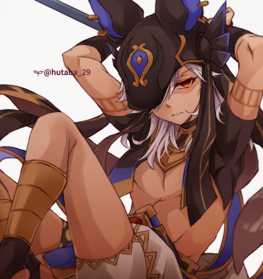 1boy animal_ears animal_hat arabian_clothes arms_behind_head arms_up artist_name bangs black_headwear bridal_gauntlets clenched_teeth cyno_(genshin_impact) dark-skinned_male dark_skin ear_piercing eyelashes feet_out_of_frame genshin_impact hair_over_one_eye hat hutaba_29 jackal_ears knees_up long_hair looking_at_viewer male_focus midriff one_eye_covered parted_bangs parted_lips piercing red_eyes shaded_face sidelocks sitting solo swept_bangs teeth twitter_username white_background white_hair