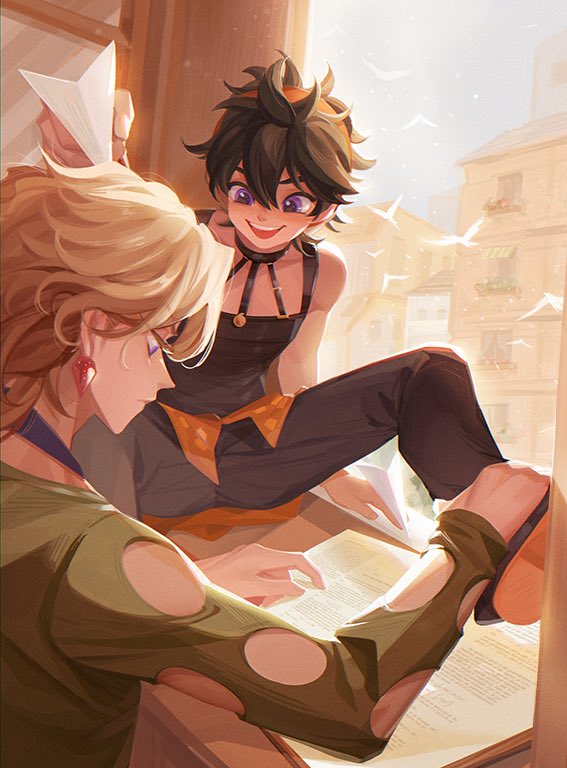 2boys :d bangs bird black_hair blonde_hair book clothing_cutout earrings food-themed_earrings ginmu halterneck hand_on_another's_leg headband holding_paper_airplane jewelry jojo_no_kimyou_na_bouken looking_at_another looking_down male_focus messy_hair multiple_boys narancia_ghirga necktie open_mouth pannacotta_fugo paper_airplane profile purple_hair reading short_hair sitting skirt smile strawberry_earrings tank_top vento_aureo window