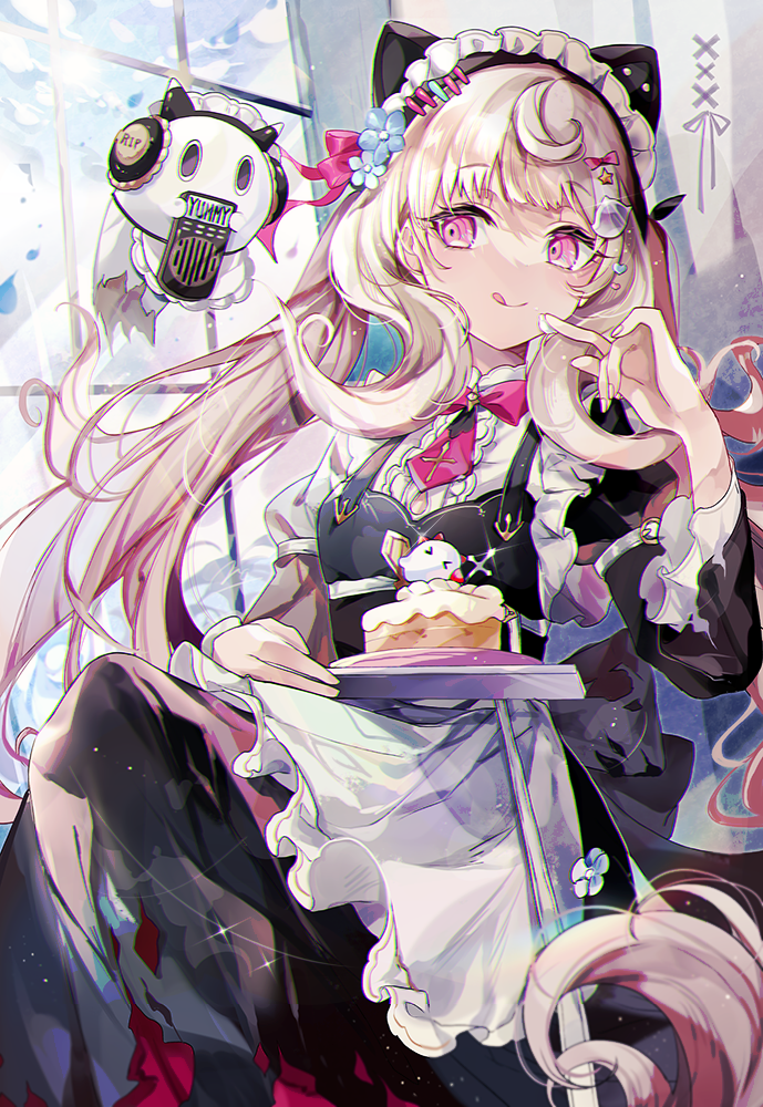 1girl :q absurdly_long_hair ahoge alternate_costume animal_ears apron bangs black_dress blue_flower buckle cake cake_slice cat_ears center_frills coco7 commentary day dress enmaided ethyria eyelashes fake_animal_ears fingernails flower food food_on_hand frilled_apron frilled_sleeves frills ghost grey_hair hair_flower hair_ornament hand_up indoors juliet_sleeves long_hair long_sleeves looking_to_the_side low_twintails maid maid_apron maid_headdress necktie nijisanji nijisanji_en poppi_(reimu_endou) puffy_sleeves reimu_endou shell_hair_ornament smile solo star_ornament swept_bangs symbol-only_commentary tongue tongue_out tray twintails very_long_hair violet_eyes virtual_youtuber waist_apron white_apron window