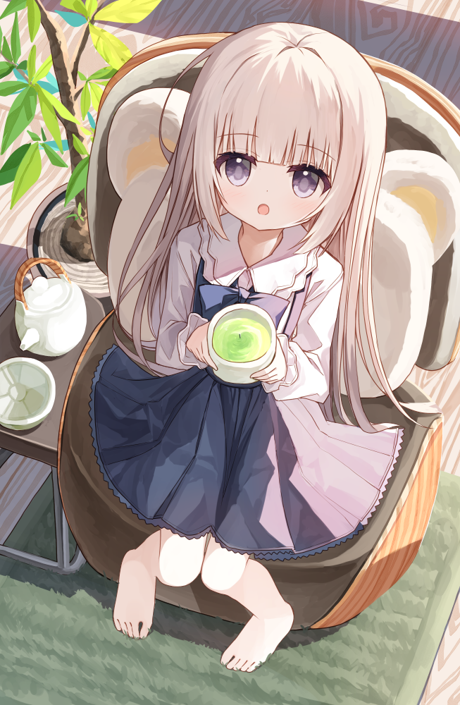 1girl :o bangs barefoot blue_bow blue_dress bow brown_hair collared_shirt cup dress from_above full_body grey_eyes healer_girl_(yuuhagi_(amaretto-no-natsu)) holding holding_cup knees_together_feet_apart long_hair long_sleeves looking_at_viewer looking_up open_mouth original shirt sitting sleeveless sleeveless_dress solo tea tea_stalk teapot very_long_hair white_shirt yuuhagi_(amaretto-no-natsu)